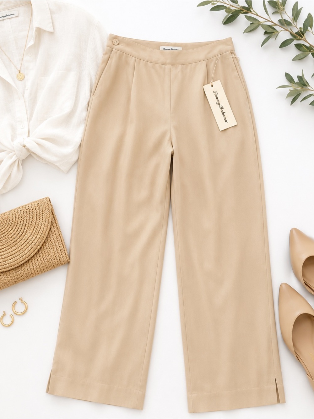 NWT Tommy Bahama 100% Silk Wide Leg Crop Pants Women’s 12 Beige Resort Luxury